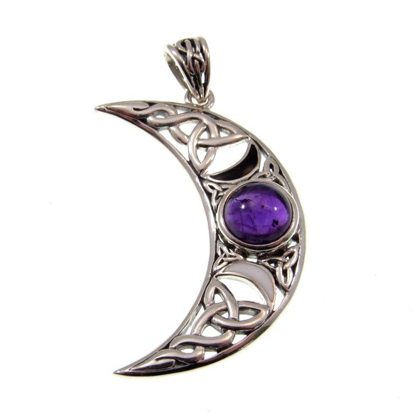 Solid 925 Sterling Silver Celtic Waxing Blue Crescent Moon Pendant with Gemstone - Picture 1 of 7